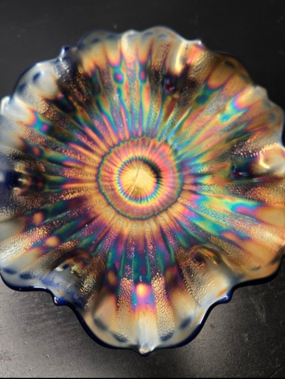 Vintage/Antique Fenton Cobalt Blue Carnival Glass  Bowl Rays/Bands Patterns